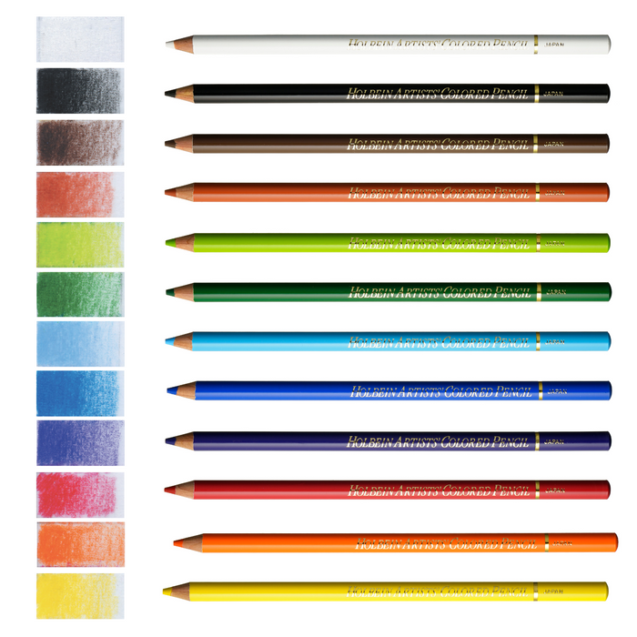 twelve coloured pencils and swatches