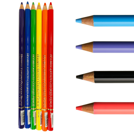 rainbow of colour pencils and light blue, violet, black and luminous pink pencil crayon samples