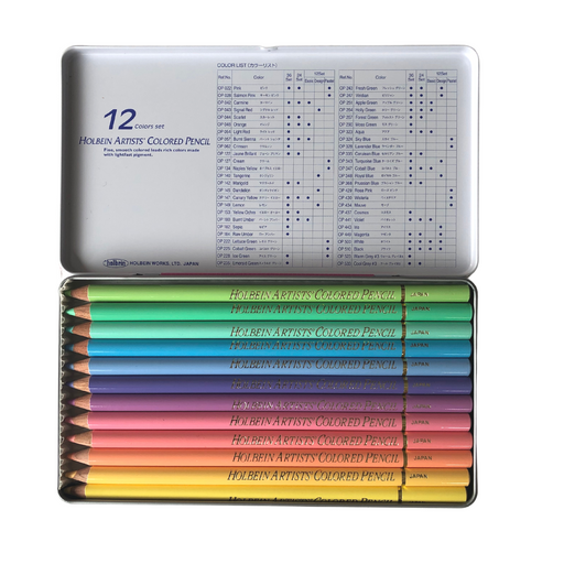 open coloured pencil tin of 12 coloured pencils