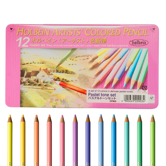 pink coloured pencil tin with coloured pencil samples