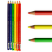 rainbow of colour pencils and red, yellow and green coloured pencil samples
