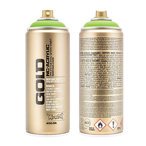 Front and back of Montana Gold spray paint can in light green.
